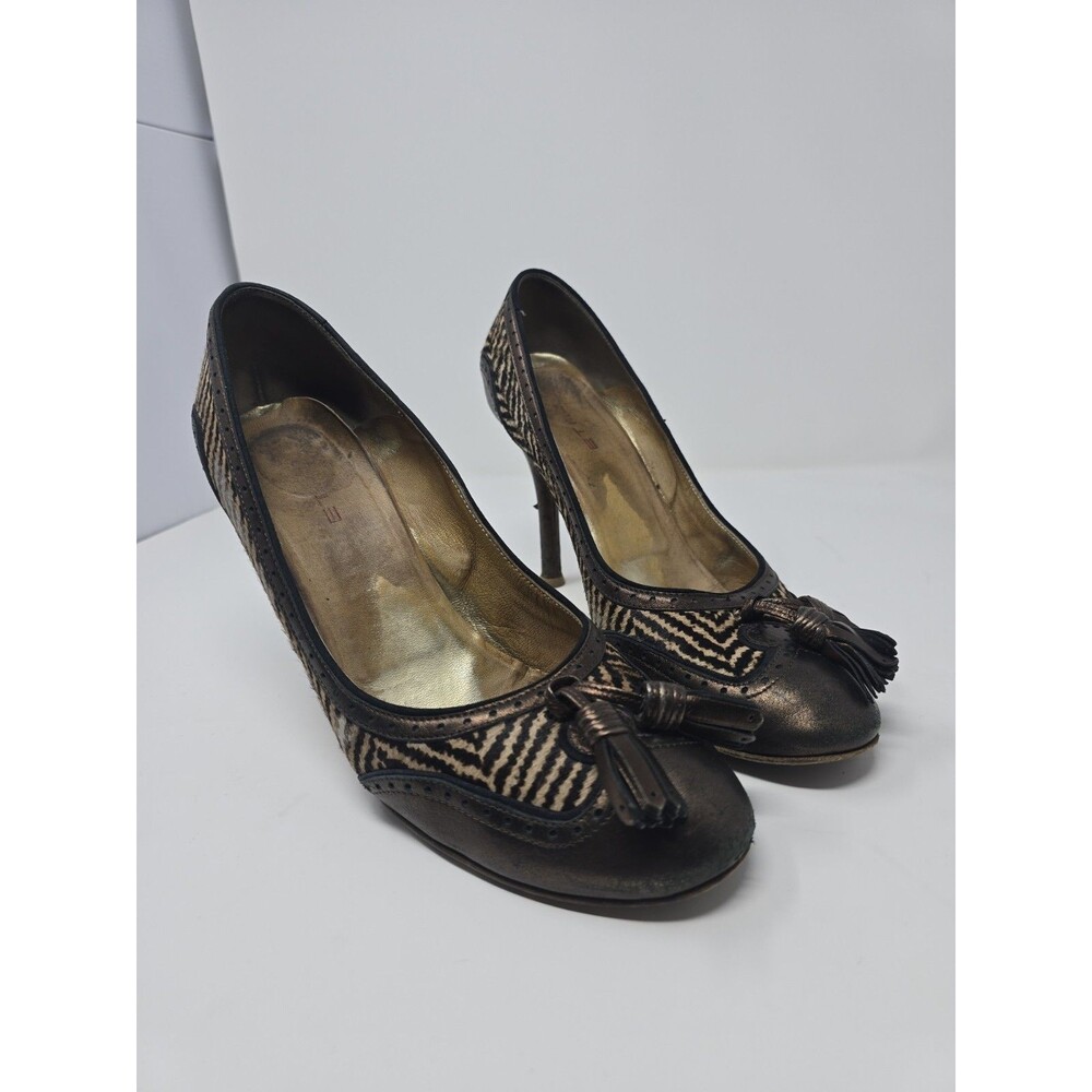 ETRO Italy Chevron Print Calf Hair & Metallic Bronze Leather Tassel Pumps...